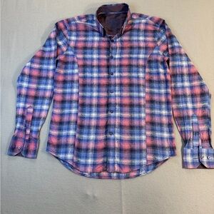 Eight X Mens Plaid Button Down Shirt Blue Pink Long Sleeve Flip Cuff Modern Fit